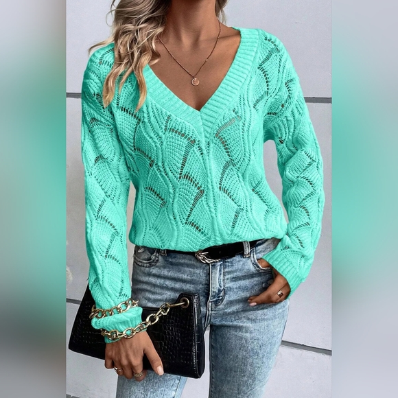 Openwork V-Neck Long Sleeve Turquoise Sweater - Picture 4 of 7